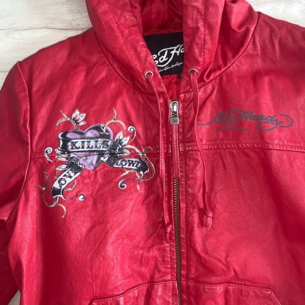 Ed Hardy Leather Jacket Women’s Size Medium Red‎  Y2K Vintage Hooded Authentic - Picture 4 of 12